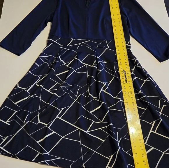 iHot Navy Blue 3/4 Sleeve Midi Pockets Fit and Flare A-Line Swing Dress Sz XL - Picture 13 of 16